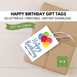 Etiqueta de feliz cumpleaños de globos arcoíris, etiquetas de regalo de Canva imprimibles, etiqueta de regalo personalizable