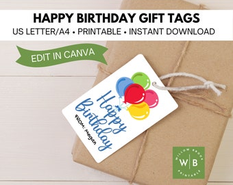 Rainbow Balloons Happy Birthday tag, printable Canva gift tags, customizable treat tag