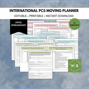 Könnte beinhalten: Ein Satz von 22 druckbaren Checklisten für internationale PCS-Umzüge, darunter Vor-Umzugsaufzeichnungen, Hausverkauf, Spenden- und Verkaufslisten, Checklisten für den Umzugstag und Checklisten für kleine Unternehmen. Die Checklisten sind in einem hellblauen und rosafarbenen Farbschema mit weißem Hintergrund gehalten.