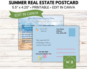 Summer realtor marketing postcard, real estate agent bucket list mailer template