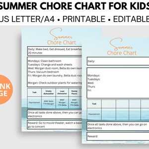 Summer Chore Chart for Kids, Editable in Canva, Printable Teen Chore ...