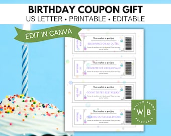 Birthday coupon book for bestie, child, friend, editable voucher template