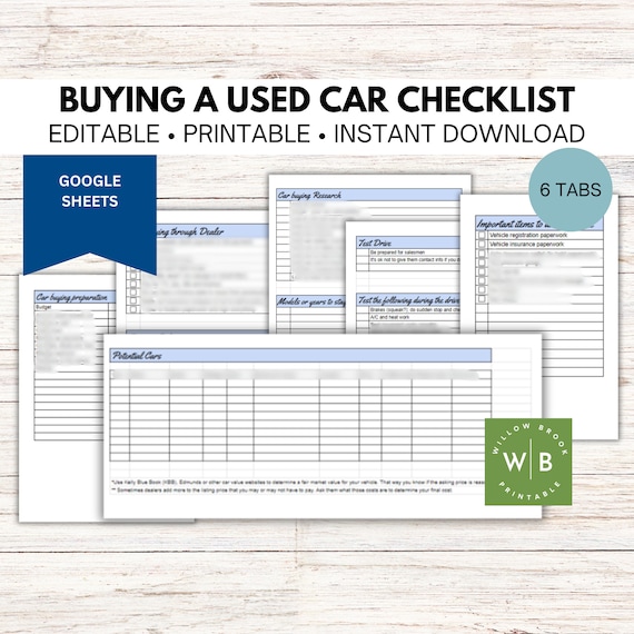Buying a used car checklist, auto dealer, printable budget tracker and planner