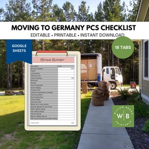 Könnte beinhalten: Eine druckbare Checkliste für den Umzug nach Deutschland mit einem Umzugsbudget-Arbeitsblatt. Die Checkliste enthält Punkte wie Umzugsunternehmen, Landschaftsgestaltung, Reinigungspersonal, Teppichreinigung, Elektriker, Dachdecker, Hausinspektion, Home Staging, Abschlusskosten, Fahrzeugtransport ins Ausland, Hotelaufenthalt vor dem Umzug, Tierpension, Flugtickets, Hotelaufenthalt nach dem Umzug, Mietwagen am neuen Standort, Kaution für ein neues Zuhause, Inbetriebnahme der Wasserversorgung, Inbetriebnahme der Gasversorgung, Internet-Einrichtung, Inbetriebnahme der Stromversorgung und Einrichtung eines Mobilfunkanbieters. Das Arbeitsblatt hat Spalten für Beschreibung und Kosten. Die Gesamtkosten betragen 1.500 €. Die Checkliste ist mit "Umzug nach Deutschland PCS Checkliste" und "18 Registerkarten" beschriftet.