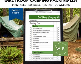 Girl troop camping packing list, google sheets to-do checklist, packing list