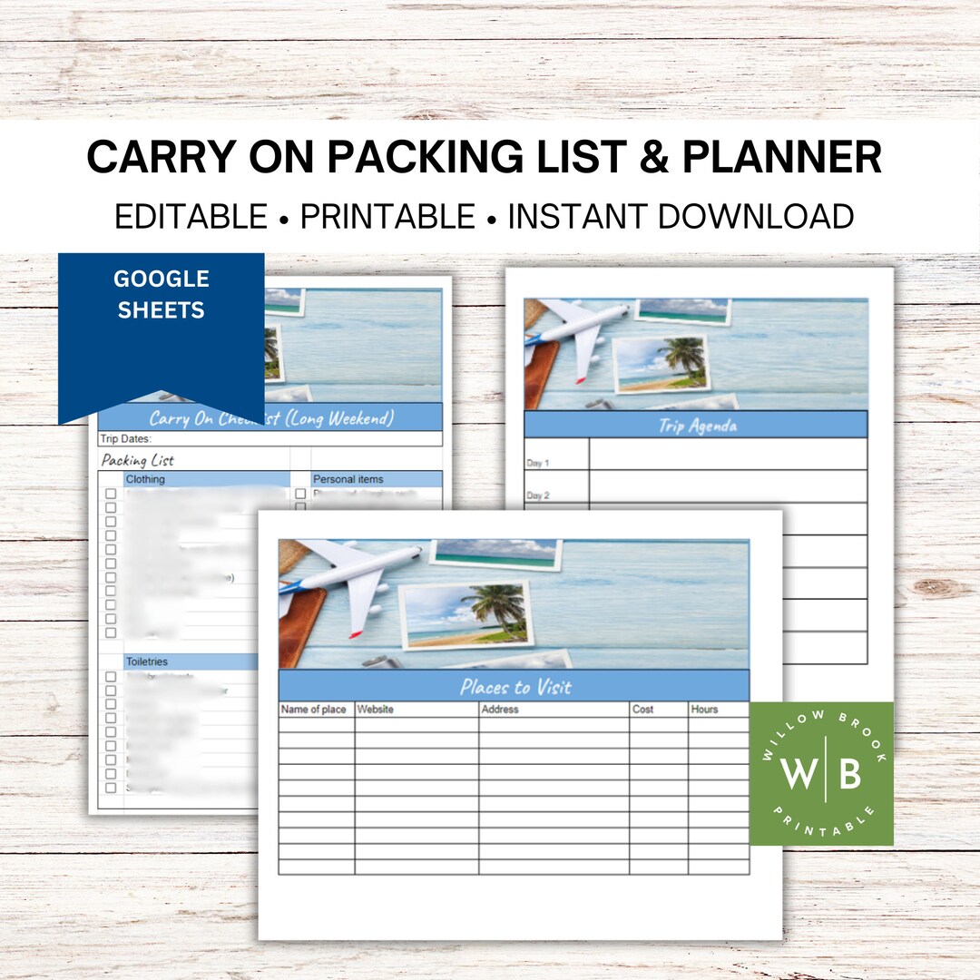 Carryon Bag Packing List, Printable Travel Vacation Planner, Google ...