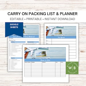 Carryon Bag Packing List, Printable Travel Vacation Planner, Google Sheets