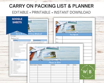 Carryon Bag Packing List, Printable Travel Vacation Planner, Google Sheets