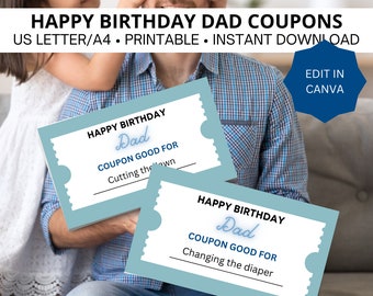 Happy Birthday Dad coupons, customizable template, dad gift from kids