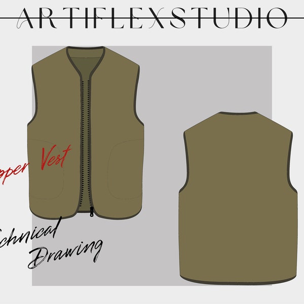 Zipper Vest Technical Drawing - Fashion Vector - Fashion Flat Sketch - Template for Design - Tech Packs - Mockups - Digital Download