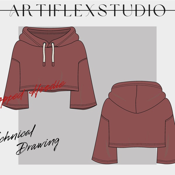 Cropped Hoodie Technical Drawing - Fashion Flat Sketch - Fashion Vector - Template for Design - Tech Packs - Mockups - Digital Download