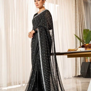 Party Wear Black Net Saree With Sequence Work And Blouse For Women, Wedding Wear Saree, Saree For Women, Saree Blouse Readymade