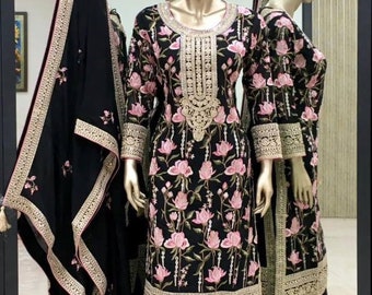 Partywear Kurta Sharara Set met Dupatta, Pakistaanse ontwerper Georgette 3-delige Salwar Kameez voor bruiloften Kant-en-klare jurken