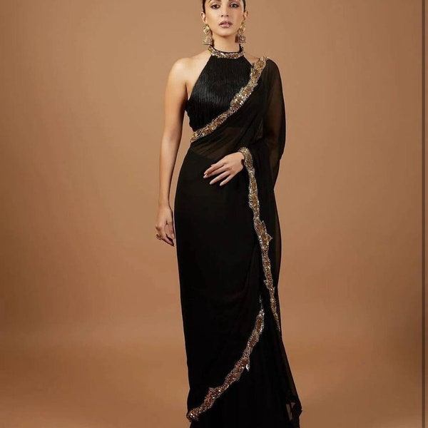 Bollywood Inspired Hot Chic Look Black Embroidered Partywear Saree, Beautiful Black Saree with Sitched Blouse & Peticoat