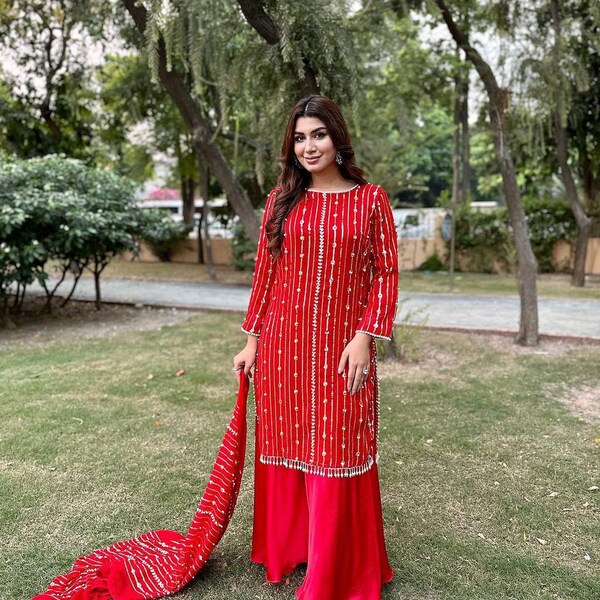 Thread with Sequnce with fancy side Dori  Heavy Top sharara  with Dupatta,Plazzo top,Kurta sharara