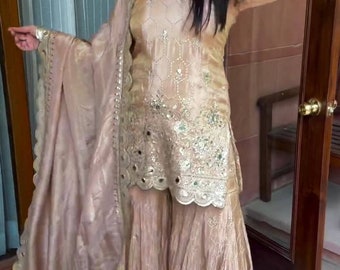Pakistani Heavy Georgette Embroidered Partywear Heavy Work Straight Kurta Sharara & Dupatta Women, Readymade Wedding 3 pc Salwar Kameez Set