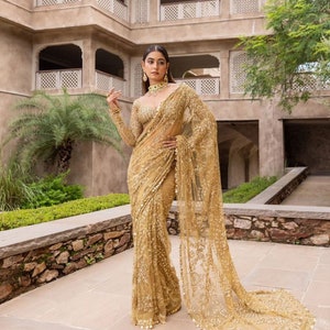 Golden Color Pure Soft Net Saree With Work, All Over Floral Work Saree, Embroidery Work Beautiful Saree, Party Wear Saree, Saree Blouse