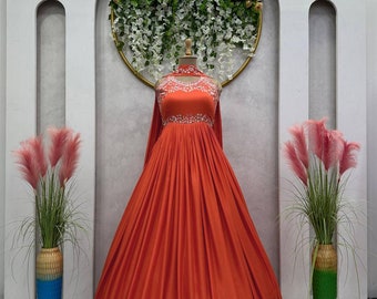 Orange Georgette Anarkali Kurti With Dupatta For Women, Long Flared Dress, Indian Wedding Dress, Bridesmaid Gown Dress, Designer Dress