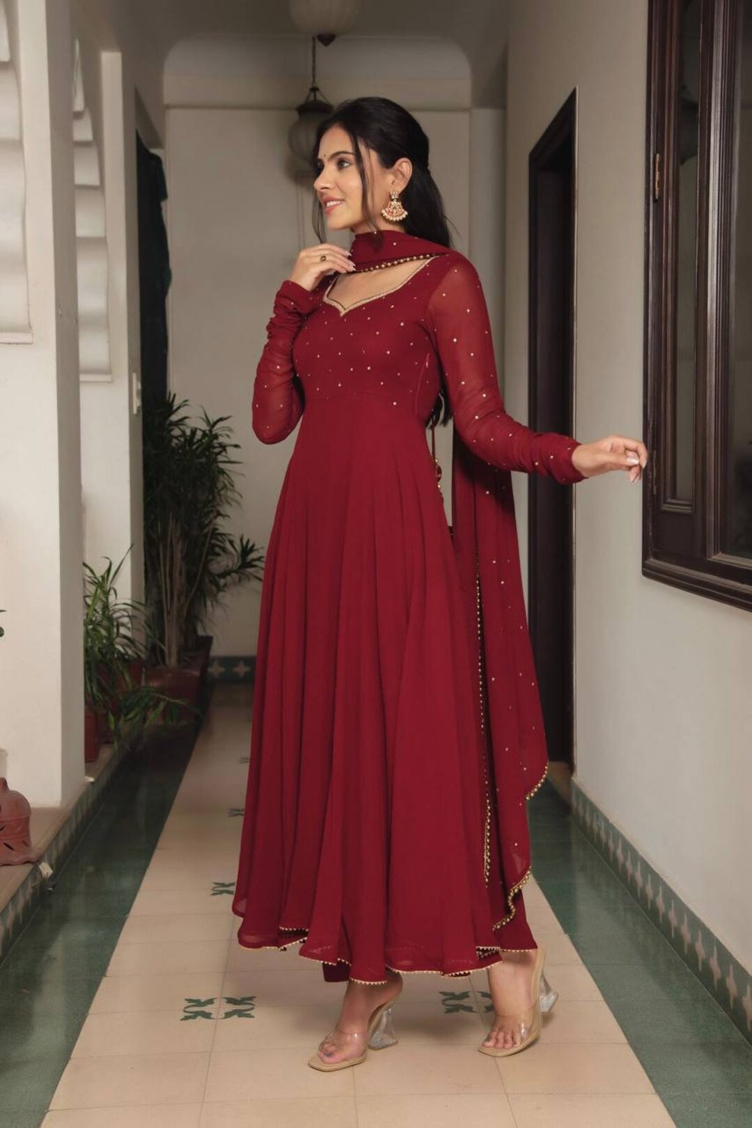 Mauve Premium Festive Readymade Faux Georgette Anarkali Dress With Rich Sequins Embroidery Work