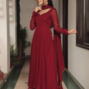 Faalsa Georgette Noodle Sleeves Full flair Anarkali Gown with Neck lace stole main image 1