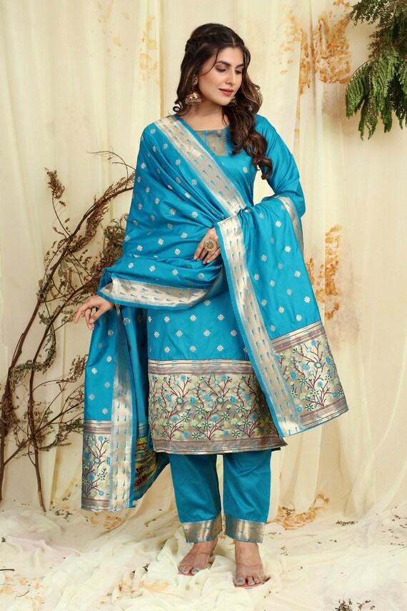Hot Pink Paithani Soft Silk Salwar Suit | Salwar suits, Top fabric, Silk