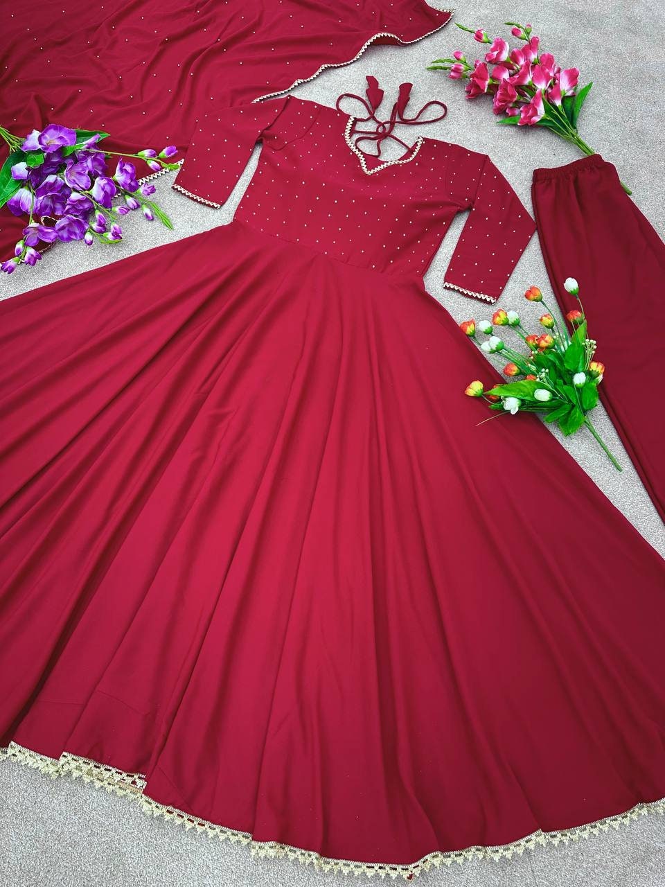 Faalsa Georgette Noodle Sleeves Full flair Anarkali Gown with Neck lace stole main image 0