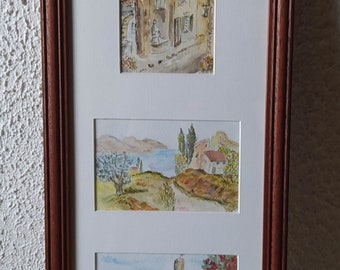 3 mini aquarelles encadrées