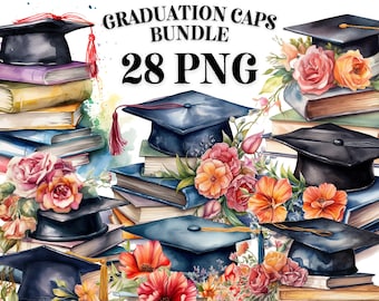 GRADUATION CAPS CLIPART Bundle 28x Png - Watercolor - Grad Floral - Transparent Digital Downloads for Commercial Use, Craft, Decor and More