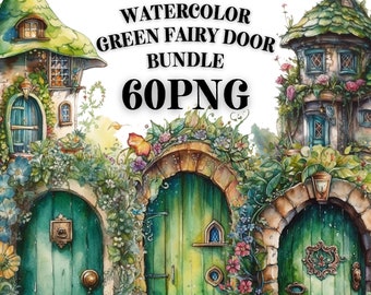 GREEN FAIRY DOOR Clipart Bundle 60x Png - Watercolor - Fantasy - Transparent Digital Designs for Commercial Use, Craft, Decor and More