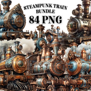 STEAMPUNK TRAINS CLIPART Bundle 84x Png - Acuarela - Fantasía - Uso comercial transparente Descarga digital, artesanía, decoración y más
