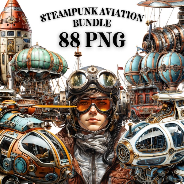 STEAMPUNK AVIATION CLIPART Bundle 88x Png - Watercolor - Fantasy - Transparent Digital Download for Commercial Use, Crafts, Decor and More