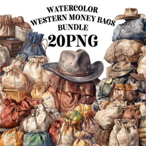SOLDI BAG CLIPART Bundle 20x Png - Acquerello occidentale - Selvaggio West - Download digitale trasparente per uso commerciale, artigianato, arredamento e altro ancora