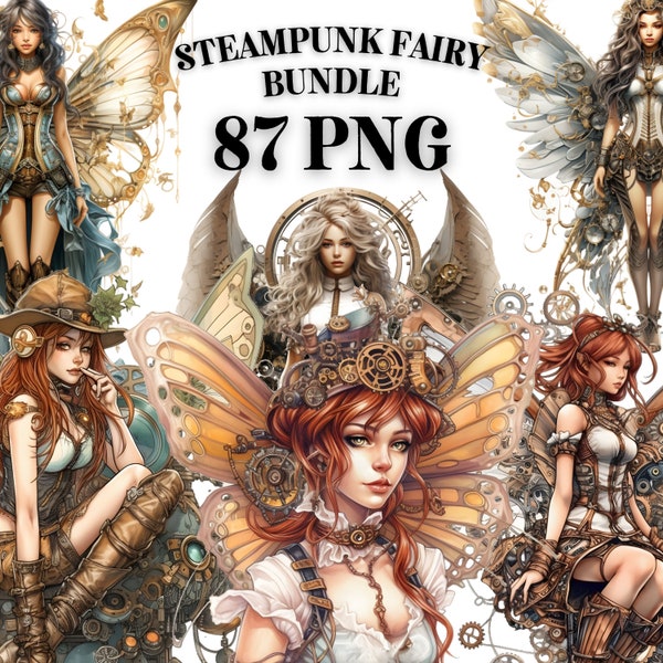 Steampunk Fairy Clipart Bundle 87x PNG - Fantasy Cogs Gears - Diseños digitales transparentes para uso comercial, artesanía, decoración y más