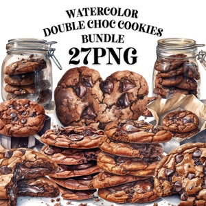 DUBBELE CHOCOLADE COOKIE Clipart Bundel 27x Png - Aquarel - Bakken - Transparante digitale ontwerpen voor commercieel gebruik, ambacht, decor en meer