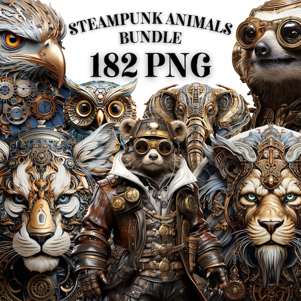 STEAMPUNK ANIMALS CLIPART Bundle 182x Png - Watercolor - Fantasy Creatures - Transparent Downloads for Commercial Use, Craft, Decor and More