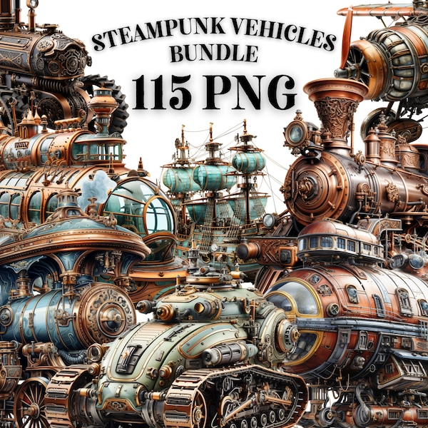 STEAMPUNK VEHICLES CLIPART Bundle 115x Png - Watercolor - Fantasy Retro - Transparent Commercial Use Digital Download, Craft, Decor and More