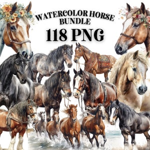 馬のクリップアートバンドル 118x PNG - 水彩画 - ポニー、農場、動物 - 商業利用、工芸品、装飾などに使える透明なデジタルデザイン