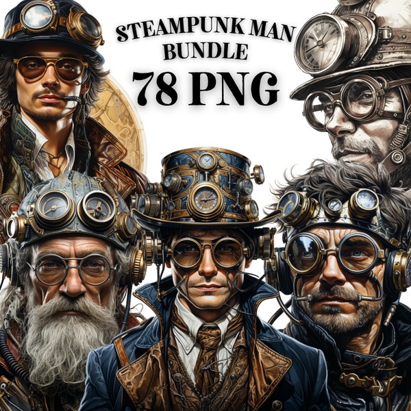 STEAMPUNK MAN CLIPART Bundle 78x Png - Watercolor - Fantasy - Transparent Digital Download for Commercial Use, Craft, Decor and More