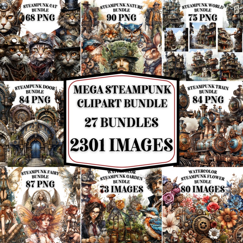 STEAMPUNK CLIPART Bundle 2301x Png Acuarela Fantasy Steampunk Diseños digitales transparentes para uso comercial, artesanía, decoración y más imagen 3