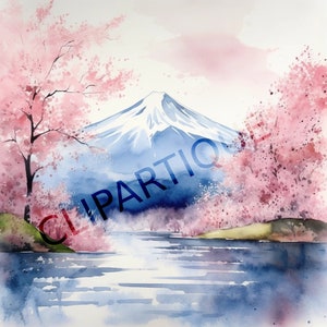 Mount Fuji Cherry Blossom Clipart - 12 PNGS de alta calidad - Descarga instantánea, Arte de pared, Acuarela, Paisajes, Uso comercial, Naturaleza