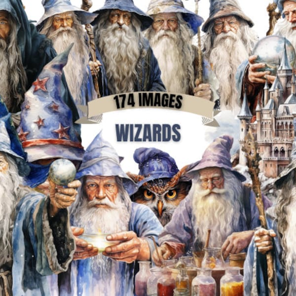 WIZARD CLIPART Bundle 174x Png - WATERCOLOR - Magic Fantasy Transparent Digital Designs for Commercial Use, Craft, Decor and More!