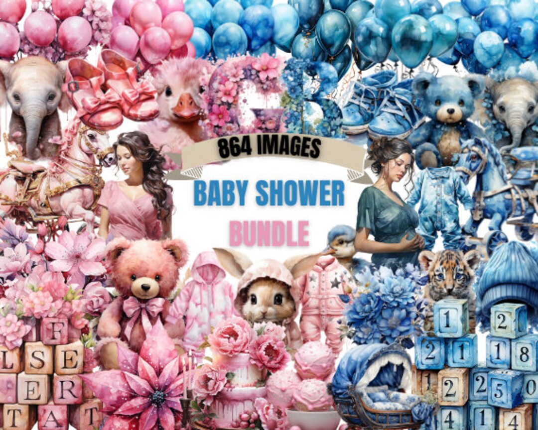 BABY SHOWER Clipart Bundle 864x Png - Watercolor - Girl Boy Pink Blue ...