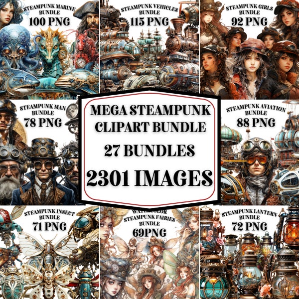 STEAMPUNK CLIPART Bundle 2301x Png - Acuarela - Fantasy Steampunk - Diseños digitales transparentes para uso comercial, artesanía, decoración y más