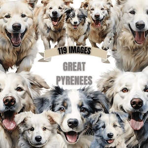 Ensemble CLIPART pour chien Great Pyrenees 119 x png - aquarelle - design numérique transparent pour amoureux des chiots pour usage commercial, création artisanale, décoration et plus