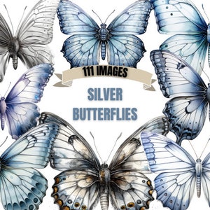 SILVER BUTTERFLY CLIPART Bundle 111x Png - Aquarell - Fantasy - Transparent Digitaler Download für Handwerk, Dekoration und mehr