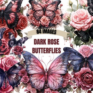 DARK ROSE BUTTERFLY Clipart Bundle 84x Png - Aquarell - Fantasy - Transparent Digitaler Download für Handwerk, Dekoration und mehr