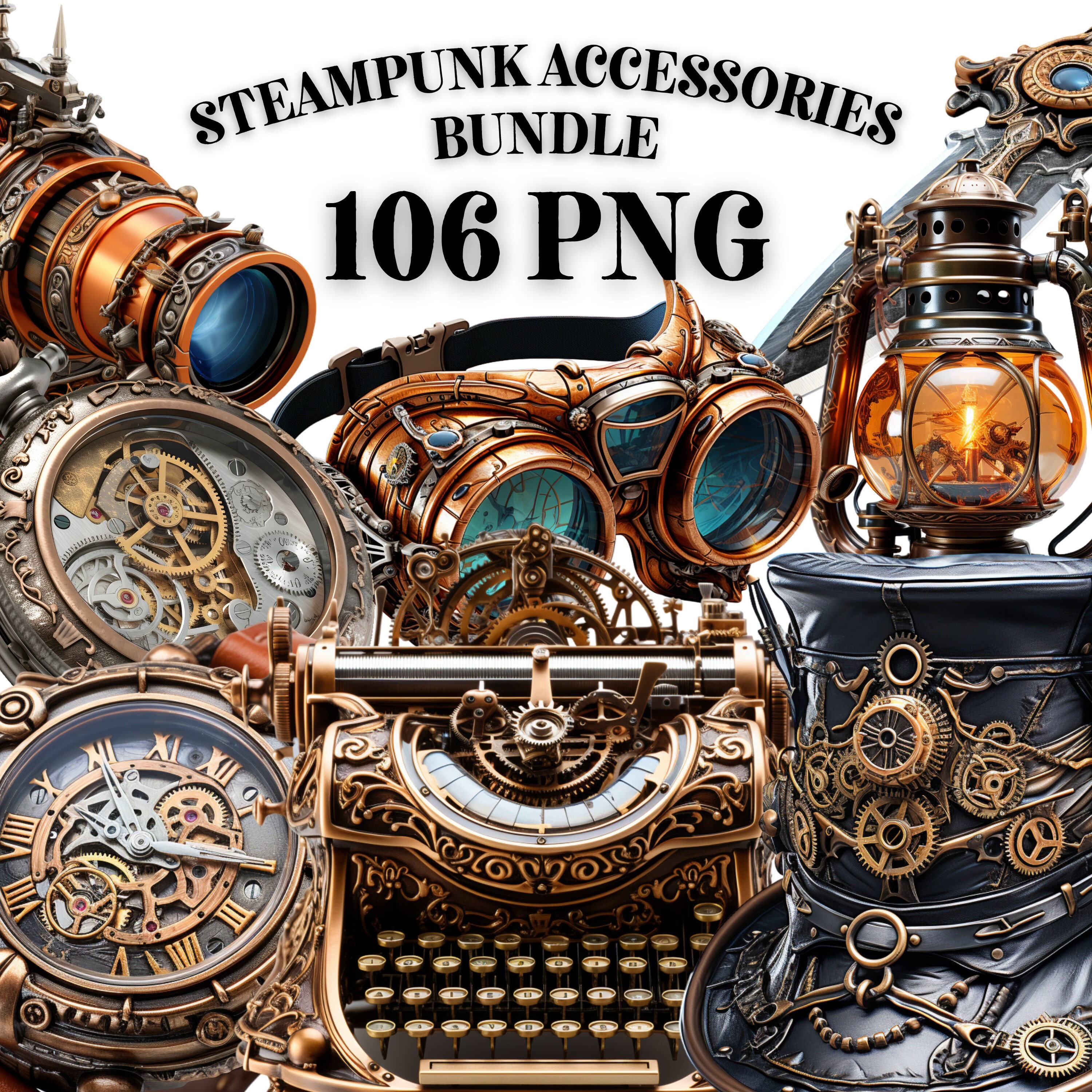 STEAMPUNK ACCESSORIES CLIPART Bundle 106x Png Watercolor Fantasy  Transparent Downloads for Commercial Use, Craft, Decor and More 