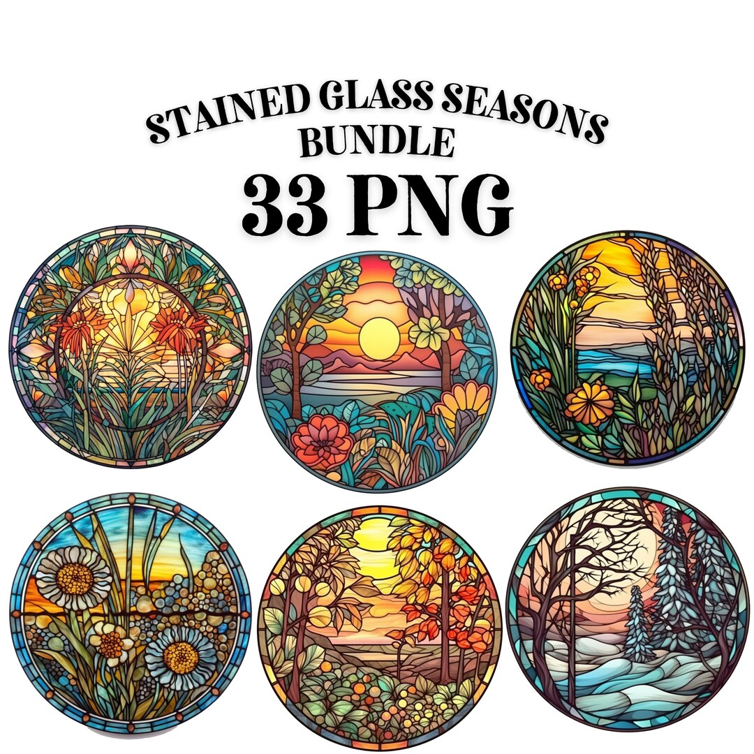 STAINED GLASS SEASONS Clipart Bundle 33x Png Stained Glass Panels