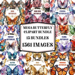 SCHMETTERLINGS CLIPART Bundle 1561x Png - Aquarell - Fantasy Steampunk - Transparente digitale Designs für kommerzielle Nutzung, Handwerk, Dekor und mehr