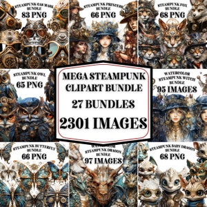 STEAMPUNK CLIPART Bundle 2301x Png Acuarela Fantasy Steampunk Diseños digitales transparentes para uso comercial, artesanía, decoración y más imagen 2